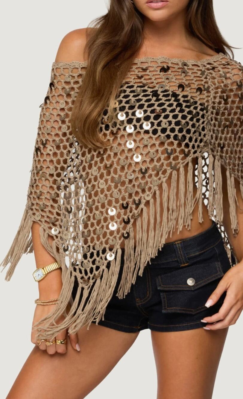 Dizzy Lizzy Sequin Fringe Shawl Poncho Womens Medium Y2K Boho Cover Up